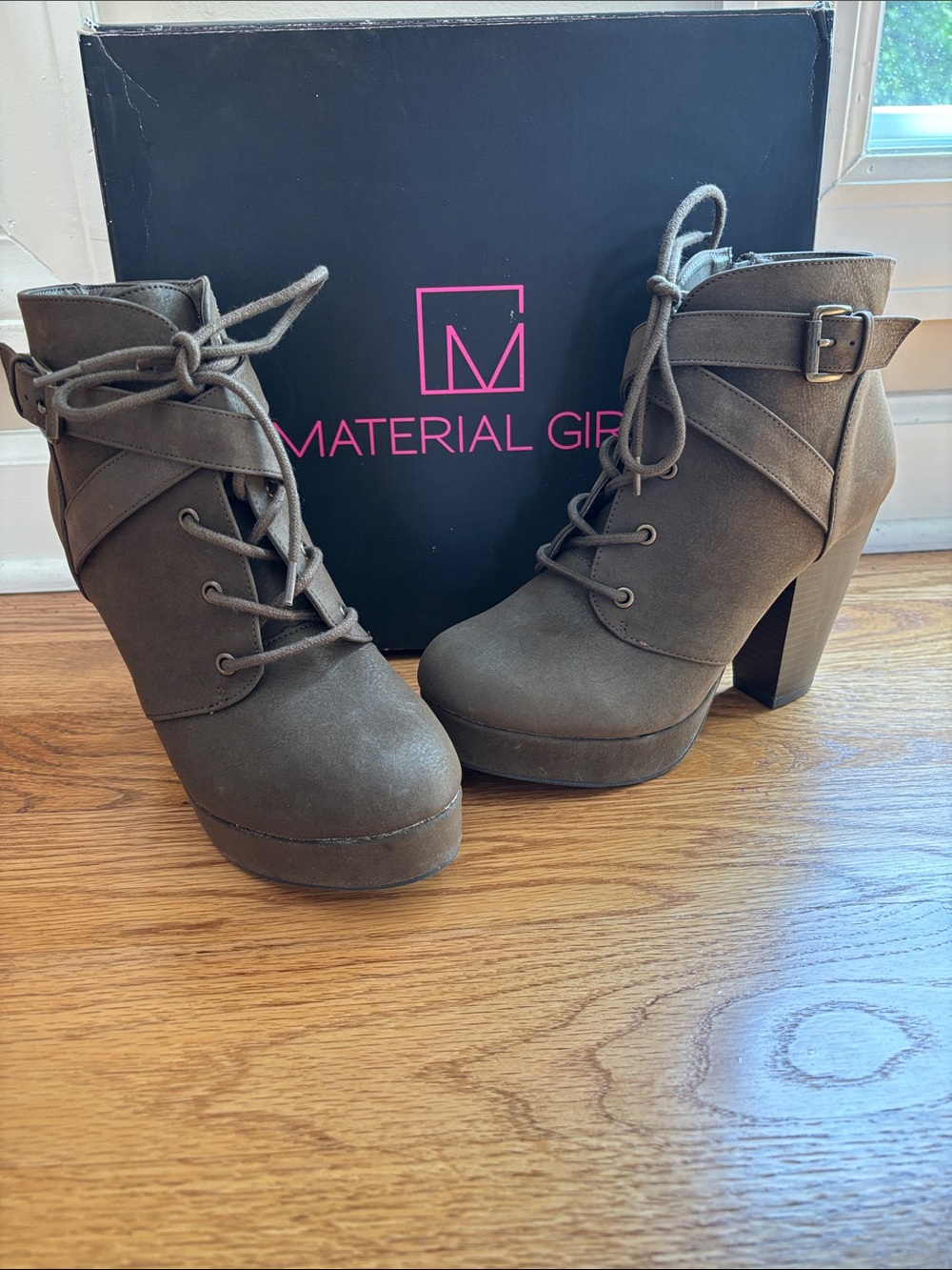 Material Girl Olive Brown Suede Lace-Up Platform Ankle Boots